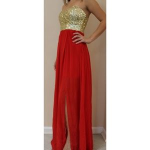 B. Darlin strapless gold sequin red bodice dress
